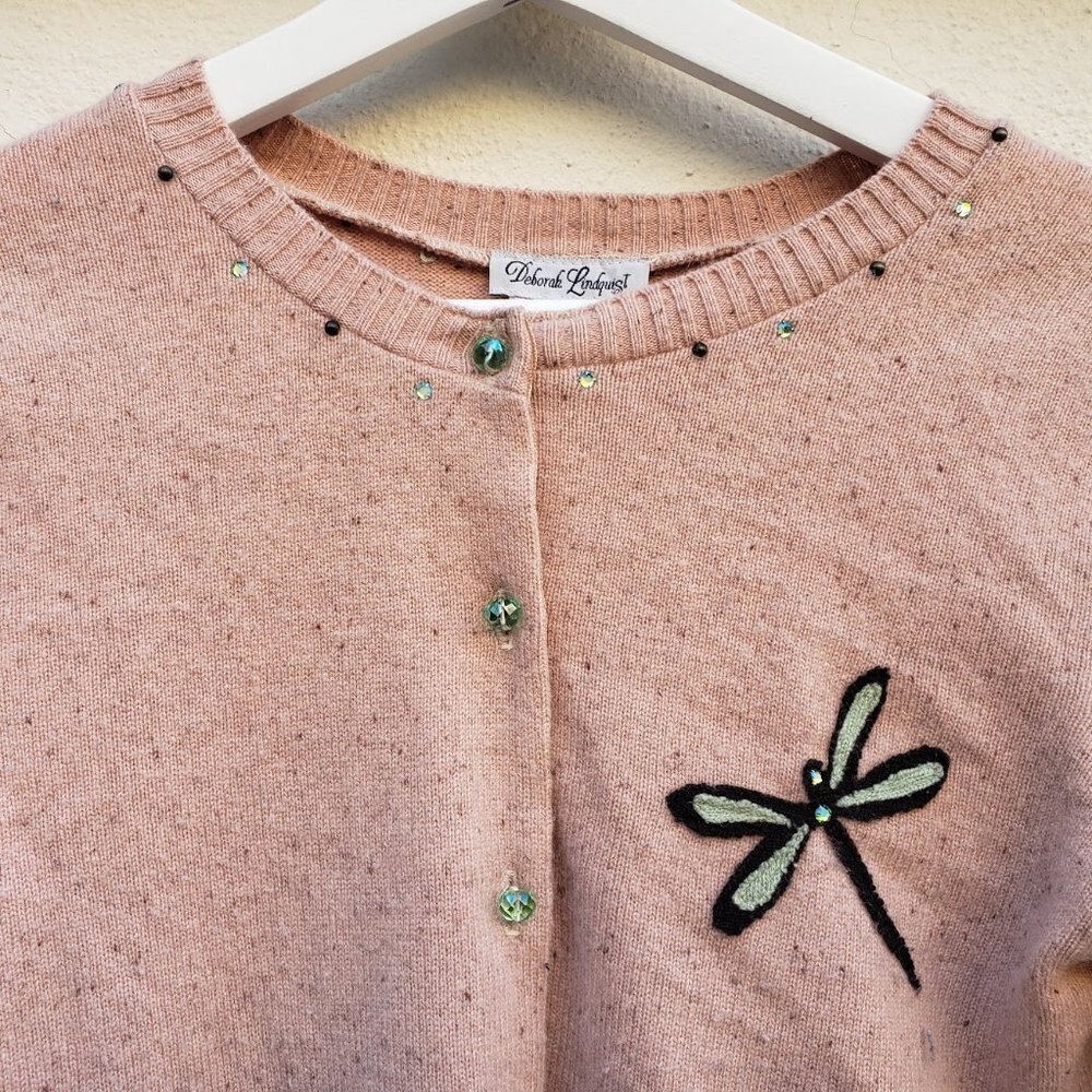 Deborah Lindquist One of a Kind 100% Recycled Cashmere Dragonfly Cardigan Beaded - Picture 4 of 9